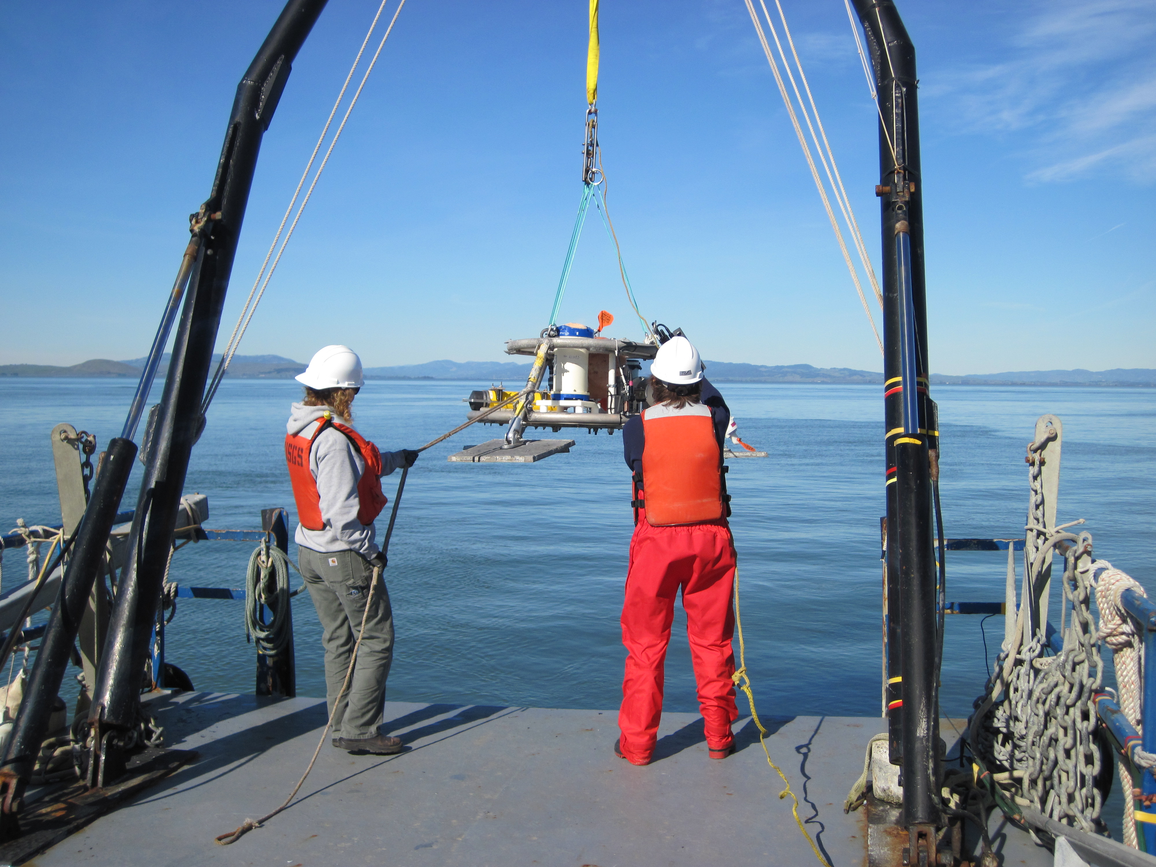 ADCP acoustic doppler current profiler being deployed from a research vessel